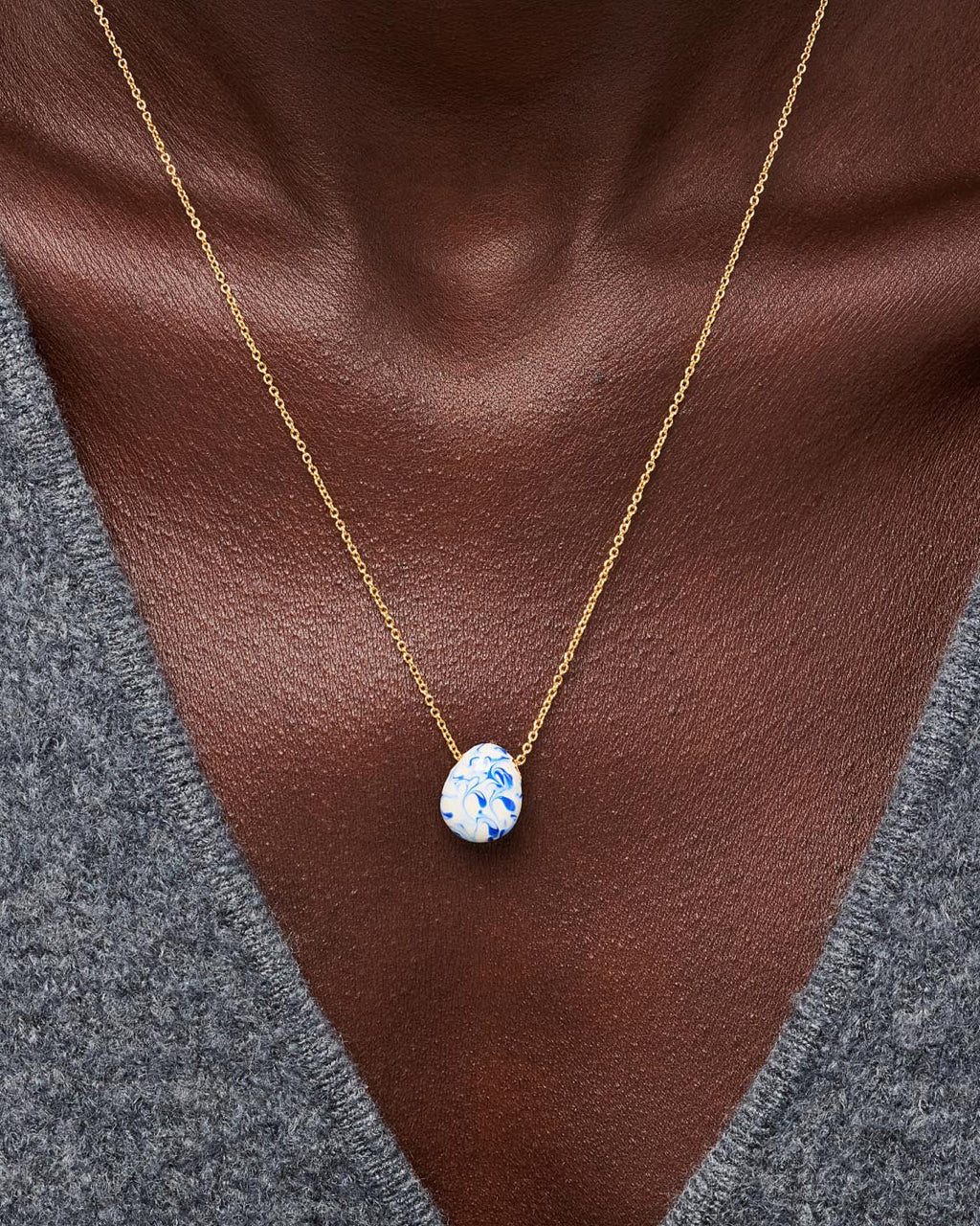 Gold Statement Necklace - Pebble Mini Marble Blue by MAVERA