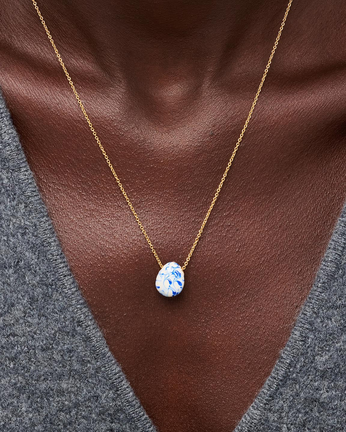 Gold Statement Necklace - Pebble Mini Marble Blue by MAVERA