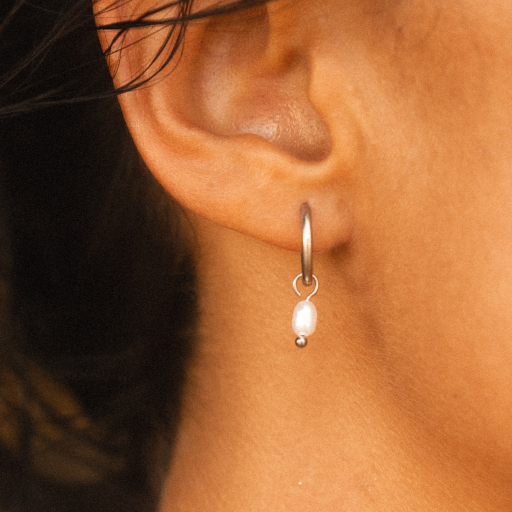 Slver Pearl Huggie Hoops
