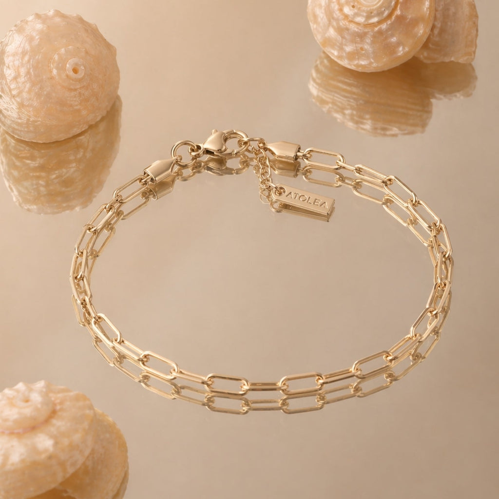 Cozumel 14k Gold Chain Bracelet Flat Lay With Shell Background, Waterproof Tarnish-Resistant Jewelry