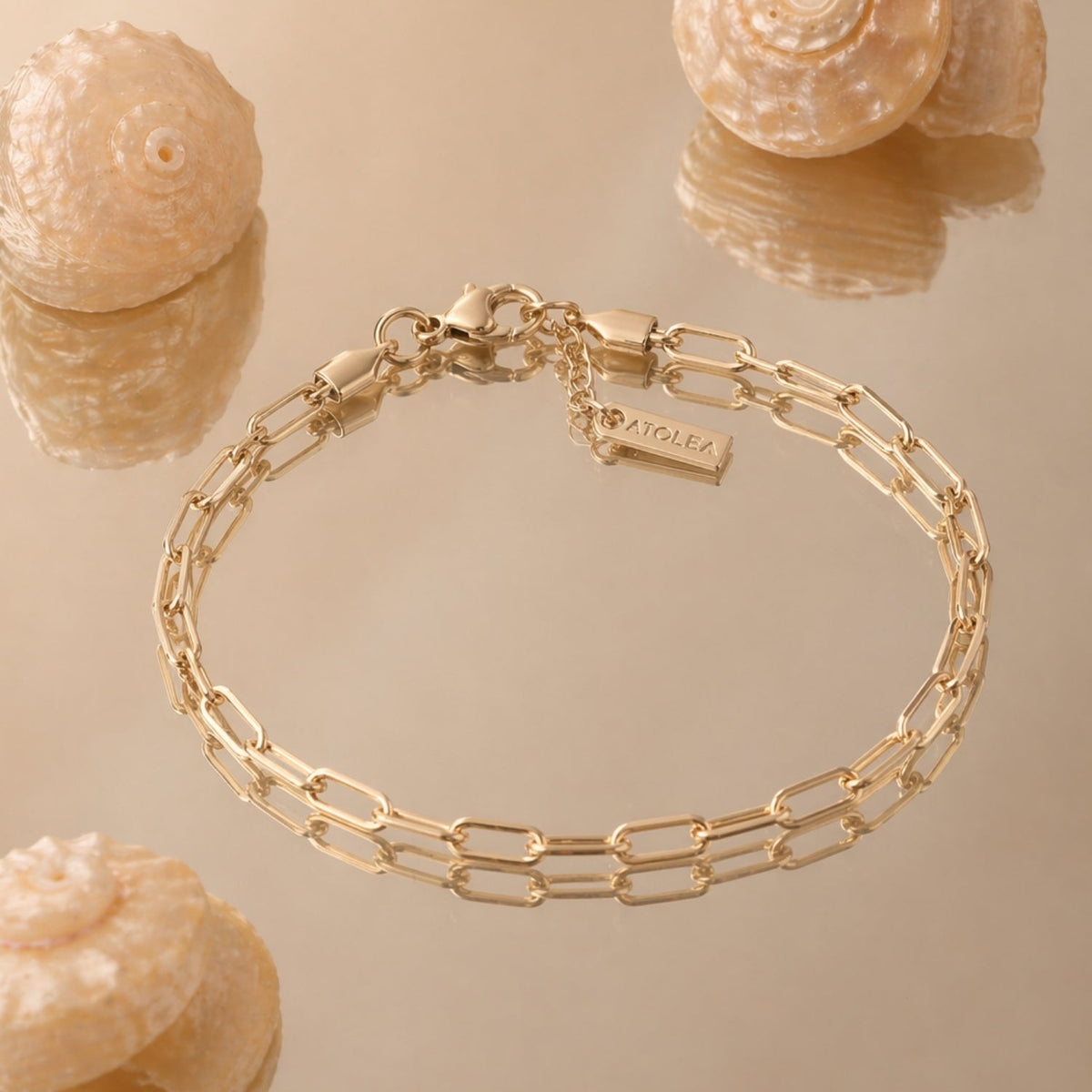 Cozumel 14k Gold Chain Bracelet Flat Lay With Shell Background, Waterproof Tarnish-Resistant Jewelry