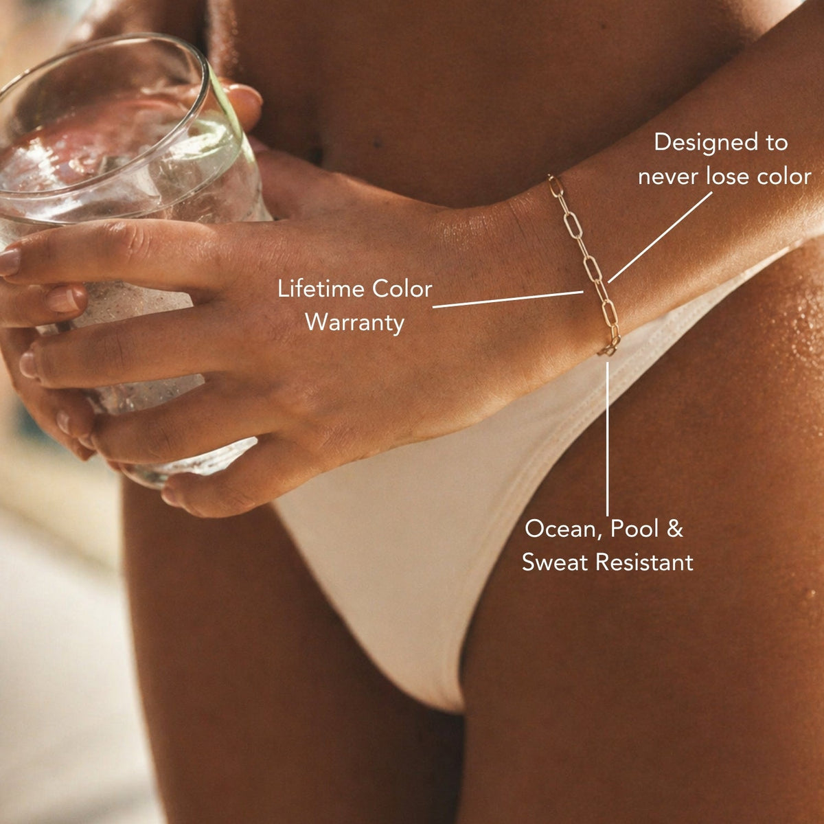 Woman Wearing Cozumel 14k Gold Bracelet, Waterproof Jewelry, Ocean And Sweat Resistant