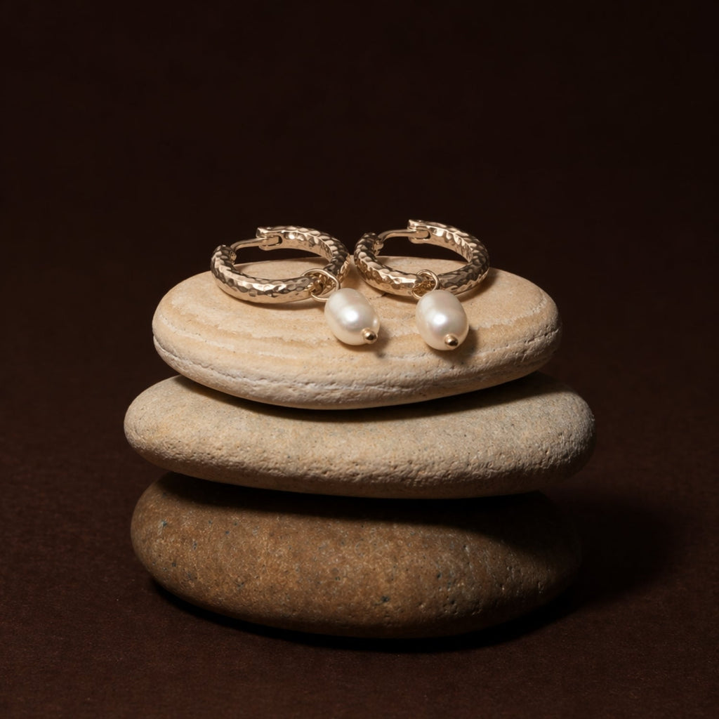 Hammered 14k Gold Pearl Hoop Earrings Flat Lay, Textured Hoops With Pearl Drop, Tarnish-Resistant Jewelry