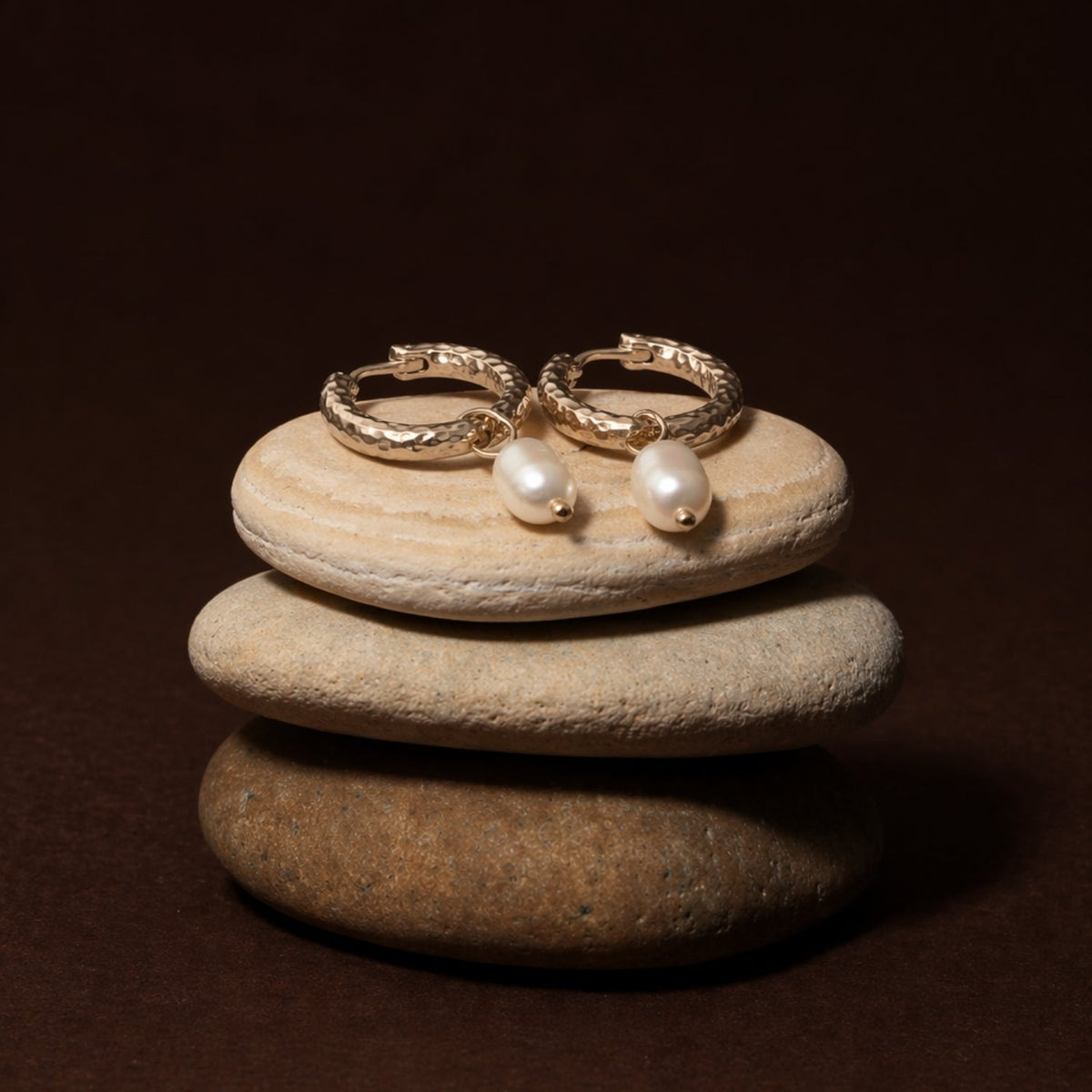 Hammered 14k Gold Pearl Hoop Earrings Flat Lay, Textured Hoops With Pearl Drop, Tarnish-Resistant Jewelry