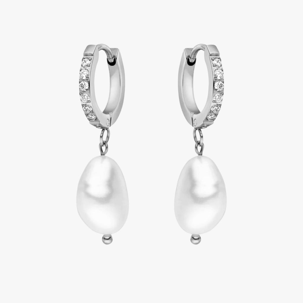 Silver Pearl Hoops