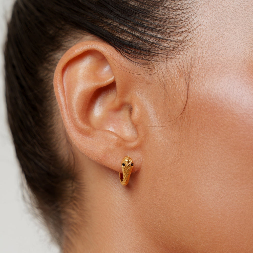 Snake Hoop Earrings Gold Textured Snake Design Hoops Worn On Ear Waterproof Tarnish-Resistant Jewelry
