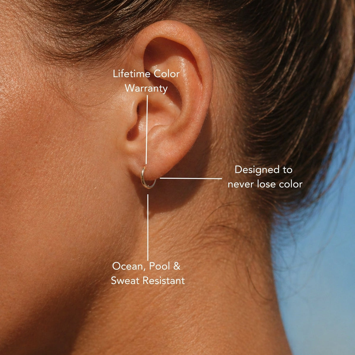 Tiny 14k Gold Huggie Hoop Earrings Worn On Ear, Waterproof And Tarnish-Resistant Jewelry